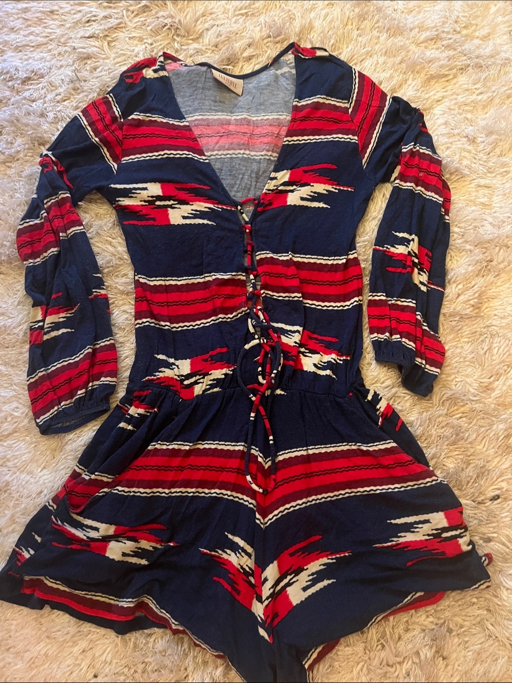 Lucy Love Navy, Red & Cream Printed Long Sleeve Tie-Front Romper S